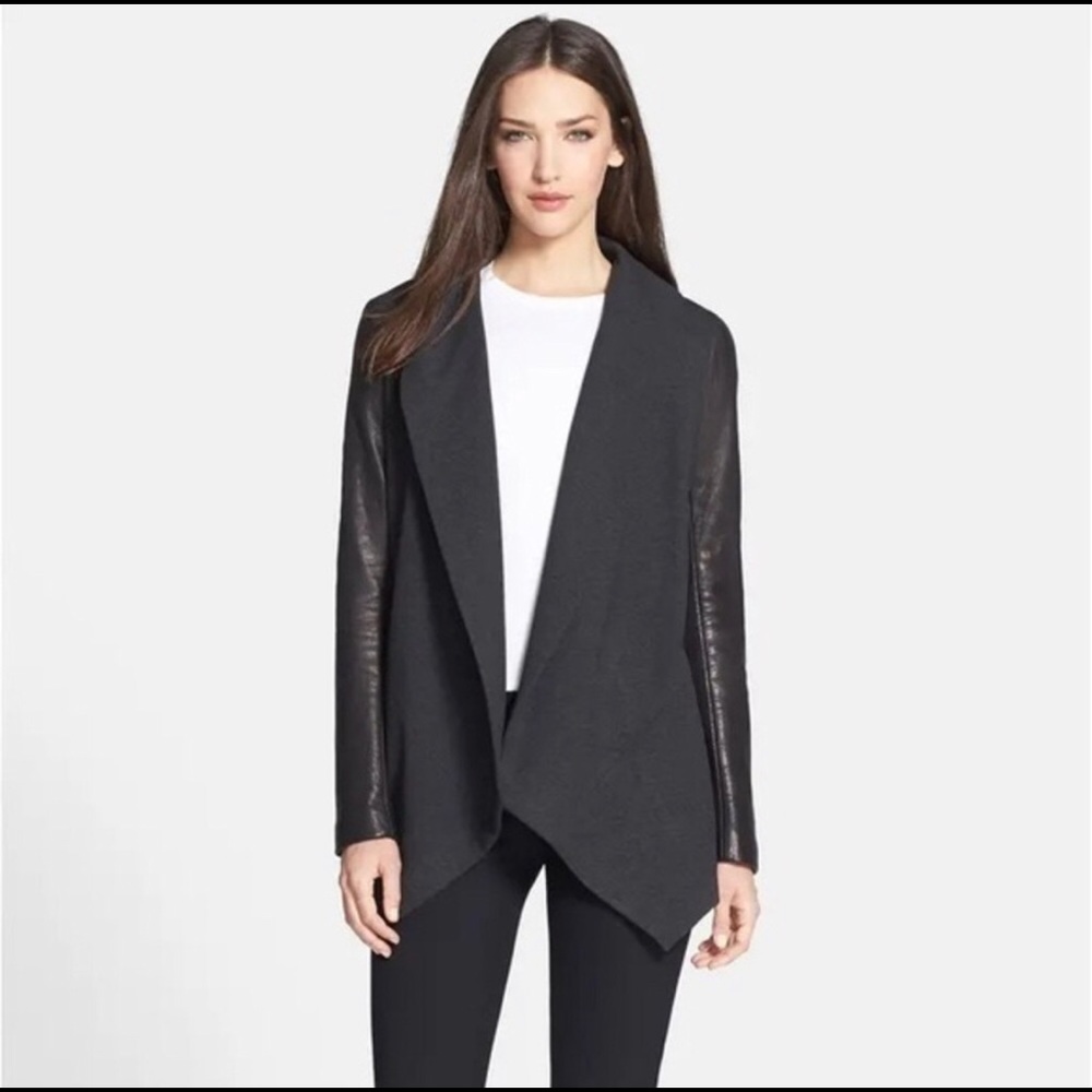 Theory Black Draped Open-Front Jacket with Leather Sleeves